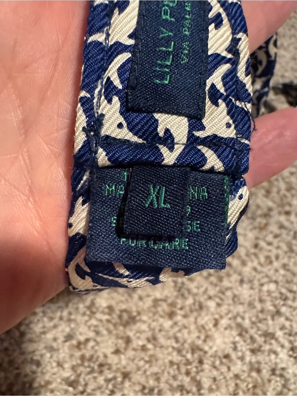 Lilly Pulitzer Silk Navy and White Dolphin D-Ring Fabric Belt - XL (50”)